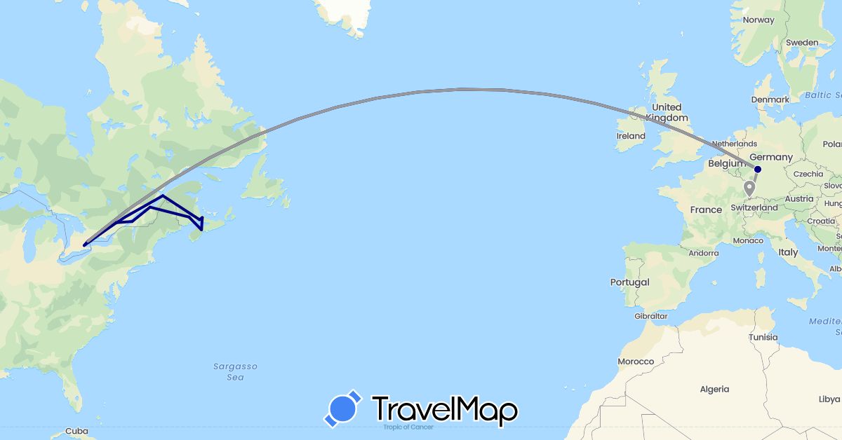 TravelMap itinerary: driving, plane in Canada, Switzerland, Germany (Europe, North America)